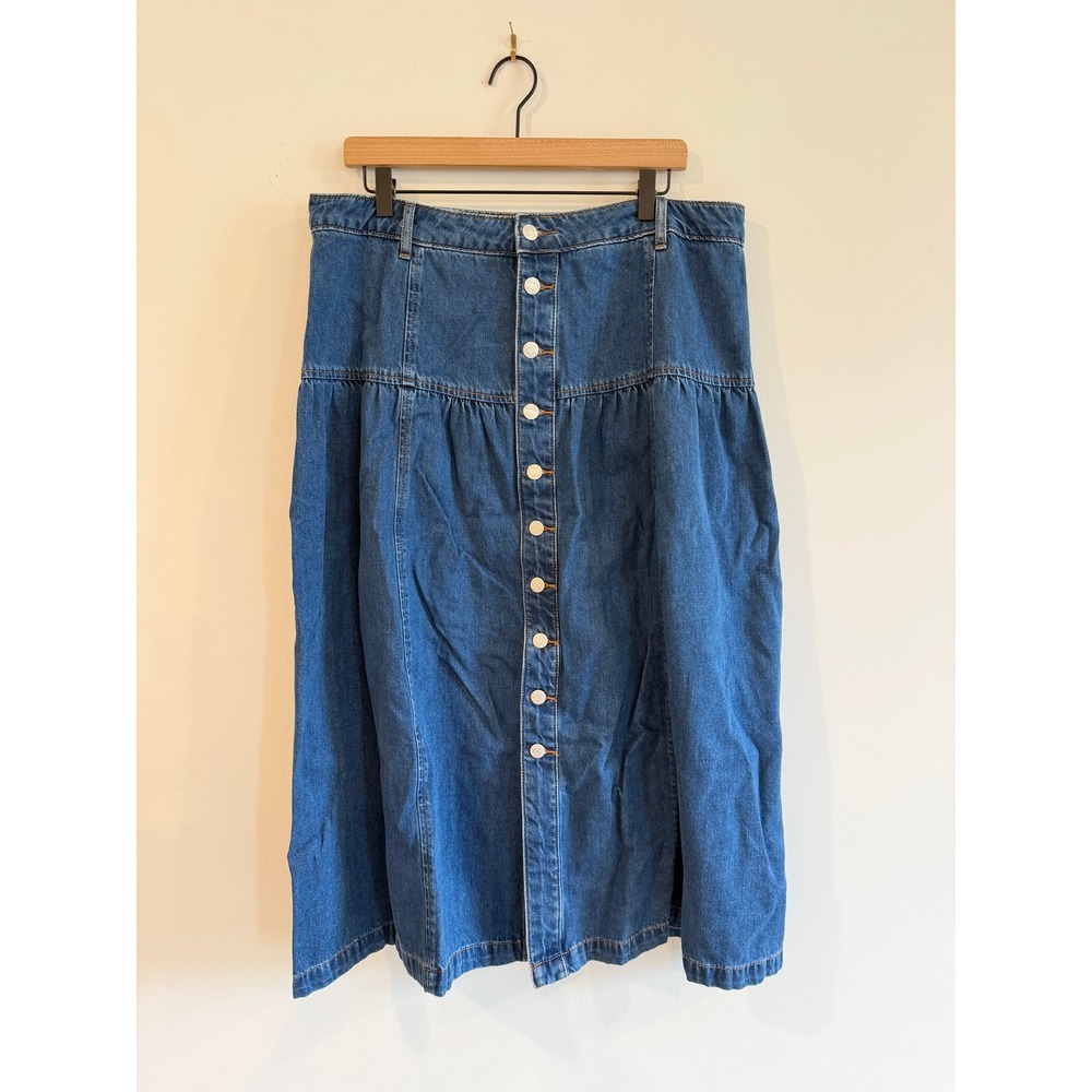 Loft Denim Midi Skirt Women 12 Blue Button Front Tiered Cotton Western